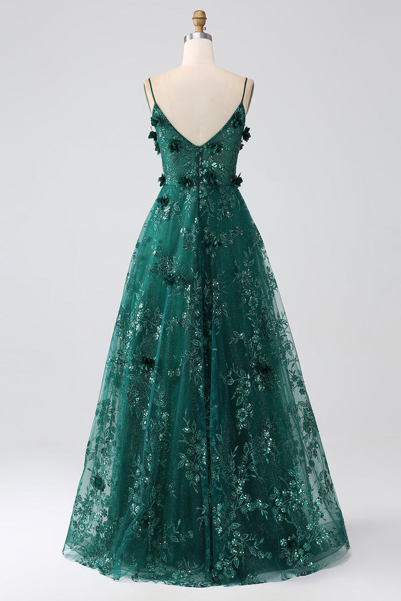 Load image into Gallery viewer, Glitter Dark Green Spaghetti Straps Lace Flower Long Corset Prom Dress