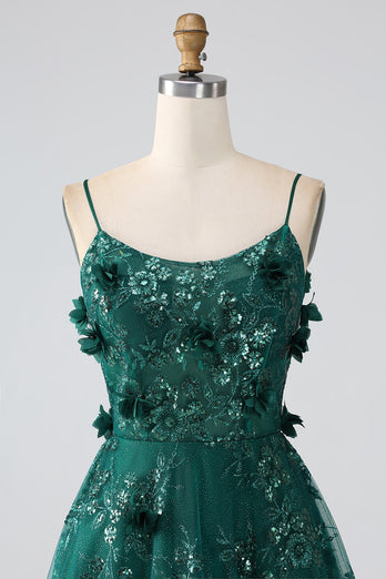 Glitter Dark Green Spaghetti Straps Lace Flower Long Corset Prom Dress