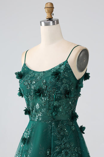 Glitter Dark Green Spaghetti Straps Lace Flower Long Corset Prom Dress