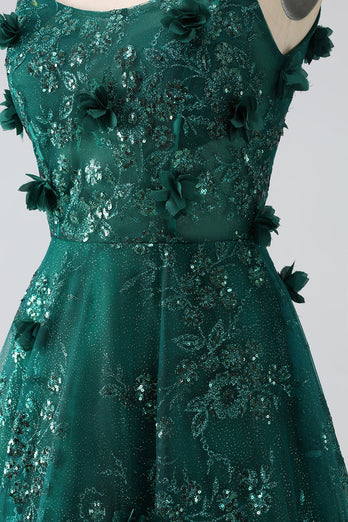 Glitter Dark Green Spaghetti Straps Lace Flower Long Corset Prom Dress