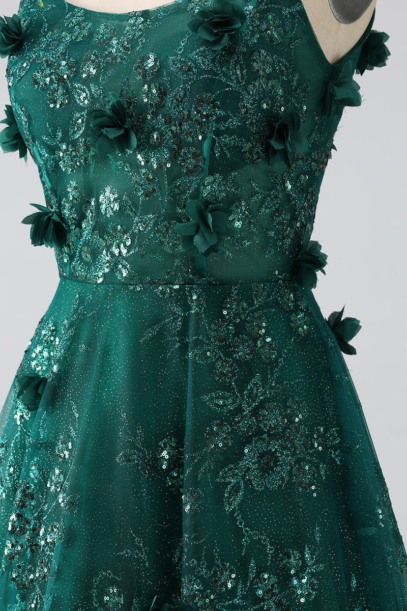 Load image into Gallery viewer, Glitter Dark Green Spaghetti Straps Lace Flower Long Corset Prom Dress