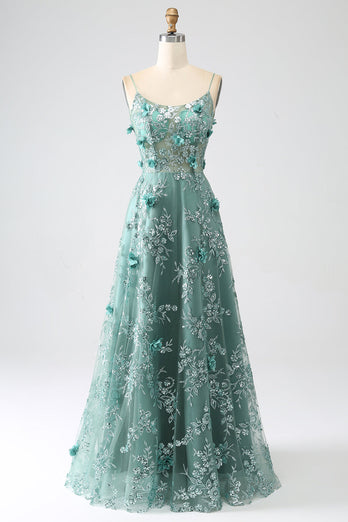 Glitter Dark Green Spaghetti Straps Lace Flower Long Corset Prom Dress