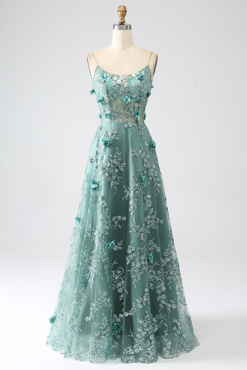 Load image into Gallery viewer, Glitter Dark Green Spaghetti Straps Lace Flower Long Corset Prom Dress