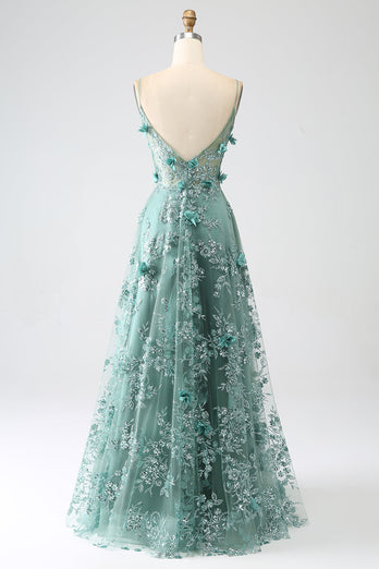 Glitter Dark Green Spaghetti Straps Lace Flower Long Corset Prom Dress