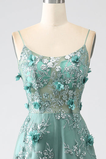 Glitter Dark Green Spaghetti Straps Lace Flower Long Corset Prom Dress