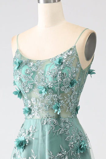 Glitter Dark Green Spaghetti Straps Lace Flower Long Corset Prom Dress