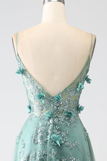 Glitter Dark Green Spaghetti Straps Lace Flower Long Corset Prom Dress