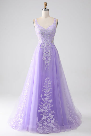 Lilac A-Line Spaghetti Straps Tulle Long Prom Dress with Appliques