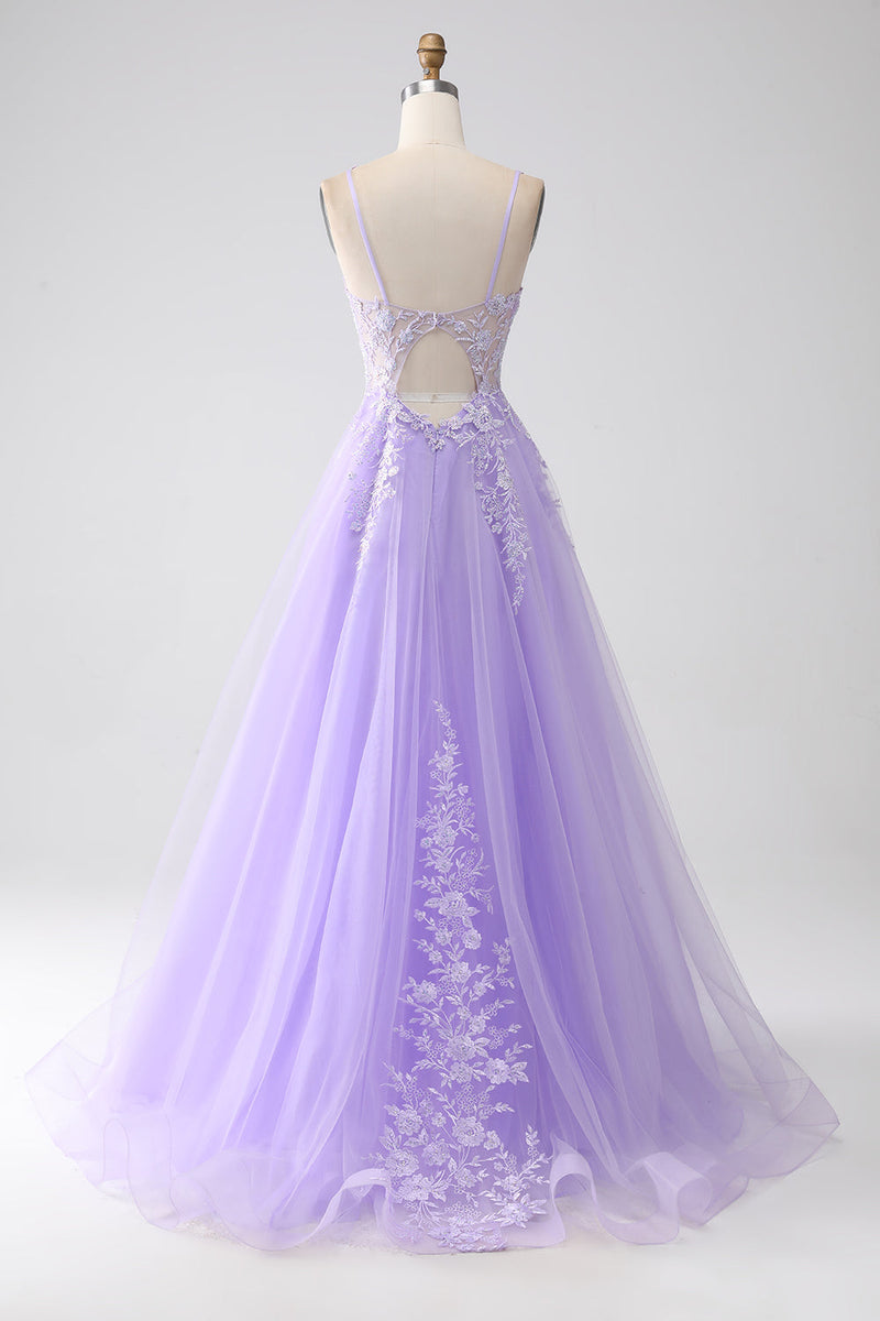 Load image into Gallery viewer, Lilac A-Line Spaghetti Straps Tulle Long Prom Dress with Appliques