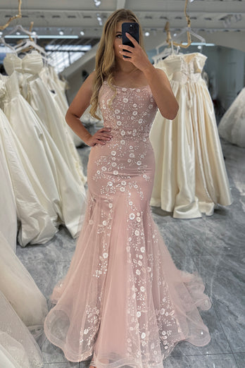 Mermaid Blush Spaghetti Straps Beaded Prom Dress