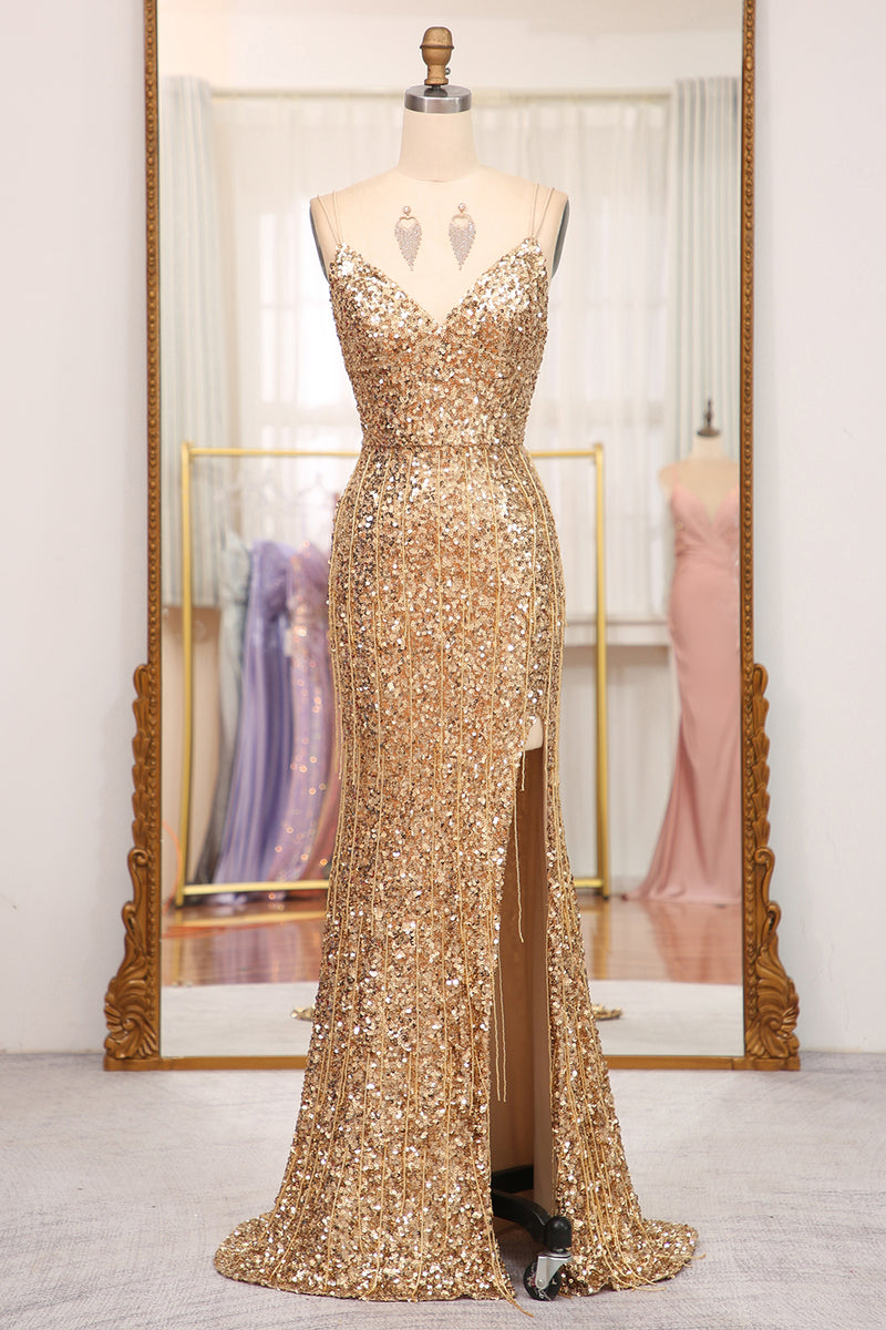 Load image into Gallery viewer, Sparkly Golden Mermaid Long Prom Dress with Slit