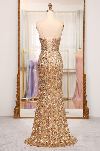 Sparkly Golden Mermaid Long Prom Dress with Slit