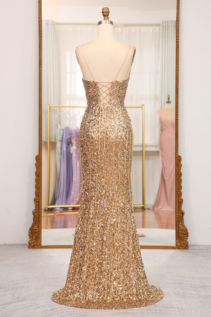 Load image into Gallery viewer, Sparkly Golden Mermaid Long Prom Dress with Slit