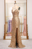 Load image into Gallery viewer, Sparkly Golden Mermaid Long Prom Dress with Slit