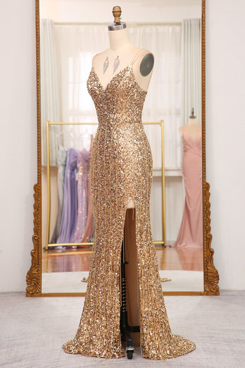 Sparkly Golden Mermaid Long Prom Dress with Slit