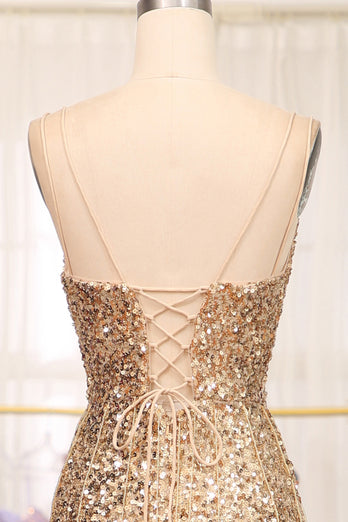 Sparkly Golden Mermaid Long Prom Dress with Slit