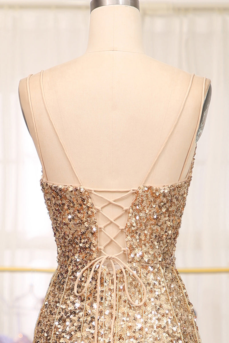 Load image into Gallery viewer, Sparkly Golden Mermaid Long Prom Dress with Slit