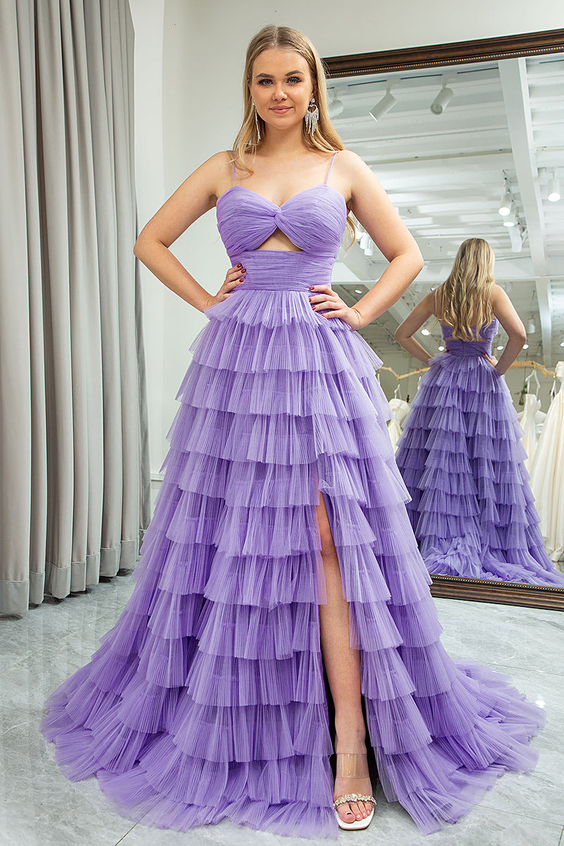 Load image into Gallery viewer, Purple A Line Spaghetti Straps Tulle Long Tiered Prom Dress with Slit