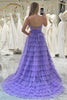 Load image into Gallery viewer, Purple A Line Spaghetti Straps Tulle Long Tiered Prom Dress