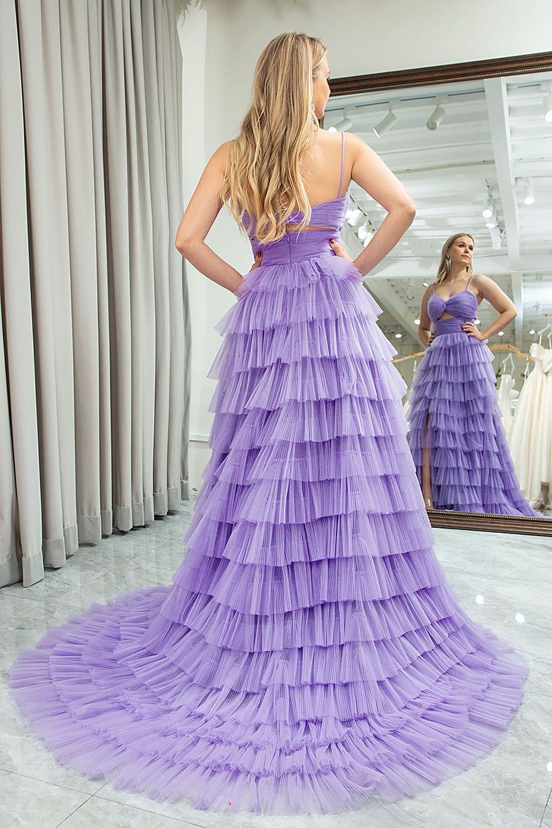 Load image into Gallery viewer, Purple A Line Spaghetti Straps Tulle Long Tiered Prom Dress with Slit