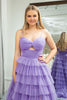 Load image into Gallery viewer, Purple A Line Spaghetti Straps Tulle Long Tiered Prom Dress with Slit