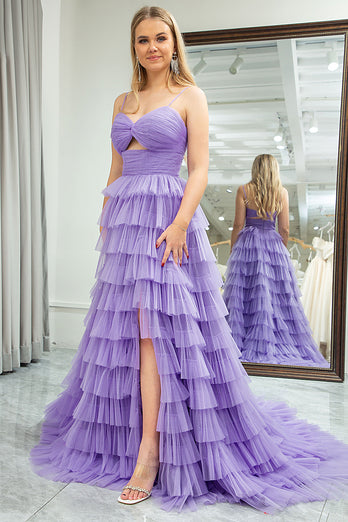 Purple A Line Spaghetti Straps Tulle Long Tiered Prom Dress with Slit