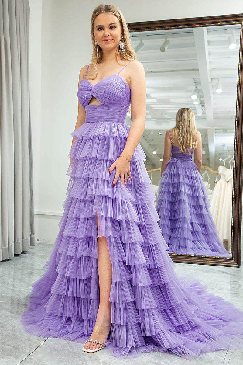 Load image into Gallery viewer, Purple A Line Spaghetti Straps Tulle Long Tiered Prom Dress with Slit