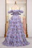 Load image into Gallery viewer, A-line Lavendar Printed Convertible Off the Shoulder Long Tiered Prom Dress