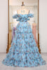 Load image into Gallery viewer, A-line Lavendar Printed Convertible Off the Shoulder Long Tiered Prom Dress