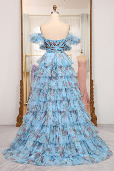 A-line Blue Printed Convertible Off the Shoulder Long Tiered Prom Dress