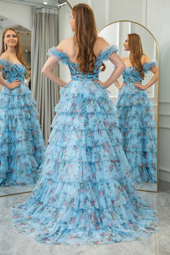 Blue Printed A-line Convertible Off the Shoulder Long Tiered Prom Dress