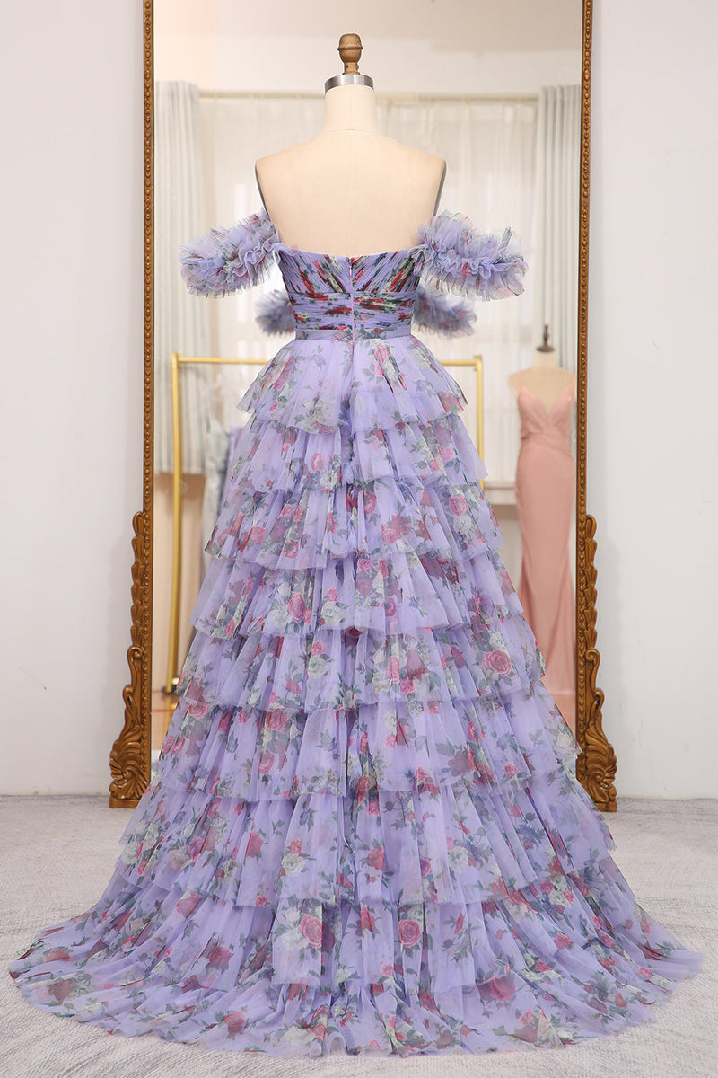 Load image into Gallery viewer, A-line Lavendar Printed Convertible Off the Shoulder Long Tiered Prom Dress