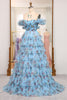 Load image into Gallery viewer, A-line Lavendar Printed Convertible Off the Shoulder Long Tiered Prom Dress