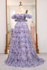 Load image into Gallery viewer, A-line Lavendar Printed Convertible Off the Shoulder Long Tiered Prom Dress