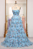 Load image into Gallery viewer, A-line Lavendar Printed Convertible Off the Shoulder Long Tiered Prom Dress