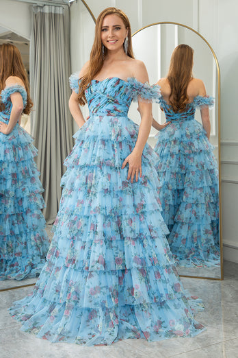 Blue Printed A-line Convertible Off the Shoulder Long Tiered Prom Dress