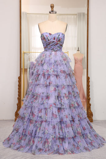 A-line Lavendar Printed Convertible Off the Shoulder Long Tiered Prom Dress