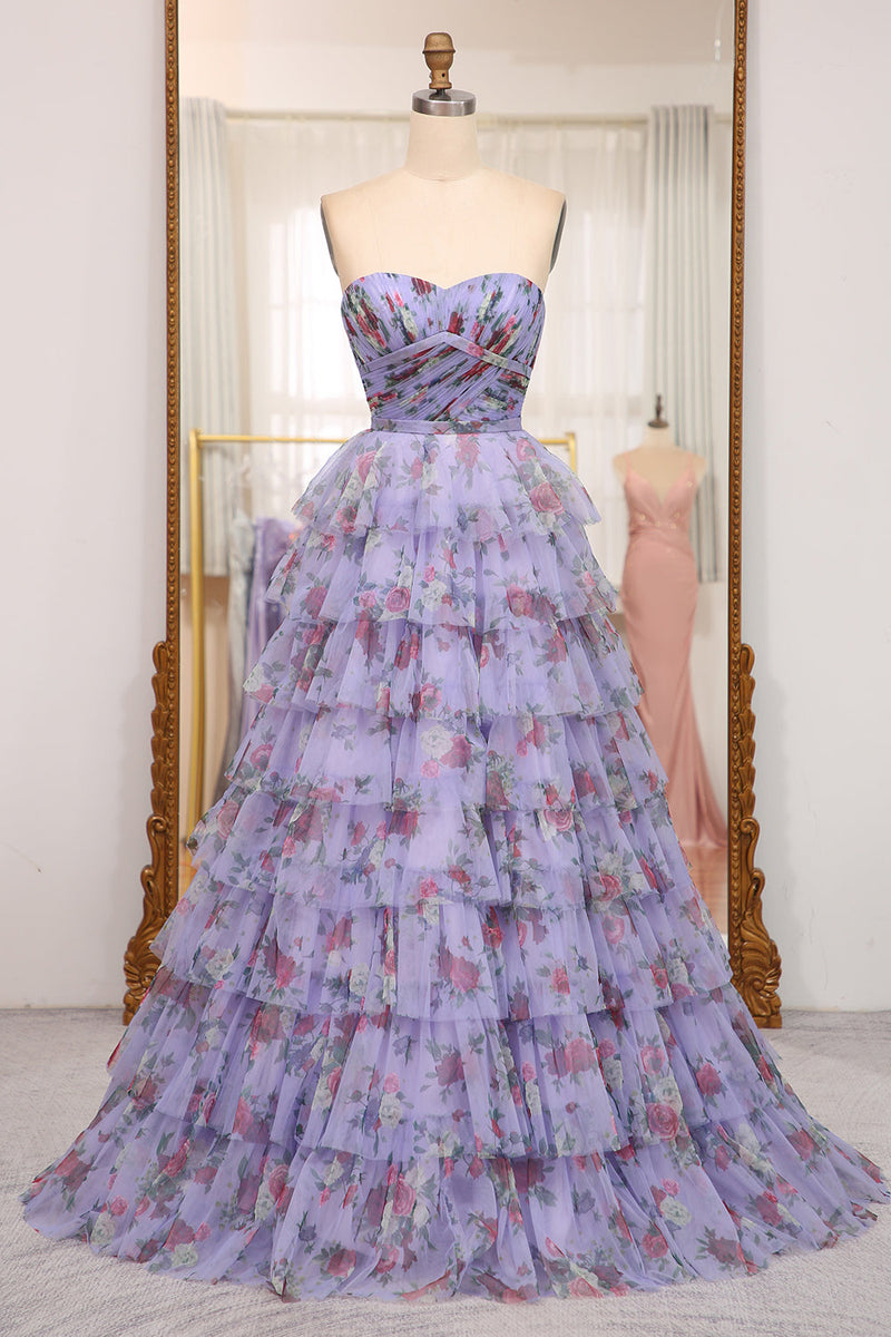 Load image into Gallery viewer, A-line Lavendar Printed Convertible Off the Shoulder Long Tiered Prom Dress