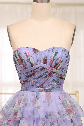 A-line Lavendar Printed Convertible Off the Shoulder Long Tiered Prom Dress