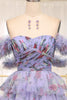 Load image into Gallery viewer, A-line Lavendar Printed Convertible Off the Shoulder Long Tiered Prom Dress