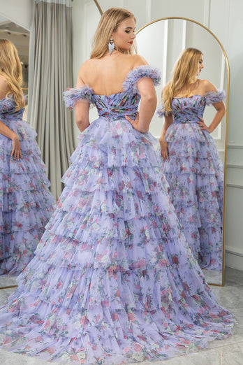 Blue Printed A-line Convertible Off the Shoulder Long Tiered Prom Dress