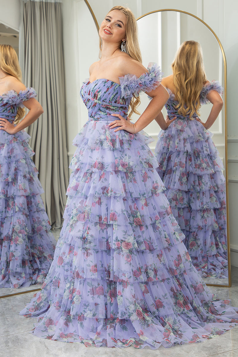 Load image into Gallery viewer, Blue Printed A-line Convertible Off the Shoulder Long Tiered Prom Dress