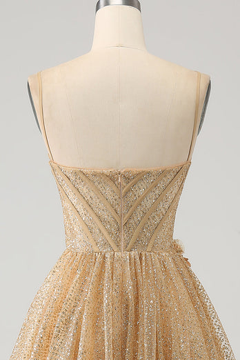 Glitter Golden Corset Long Prom Dress with Flowers