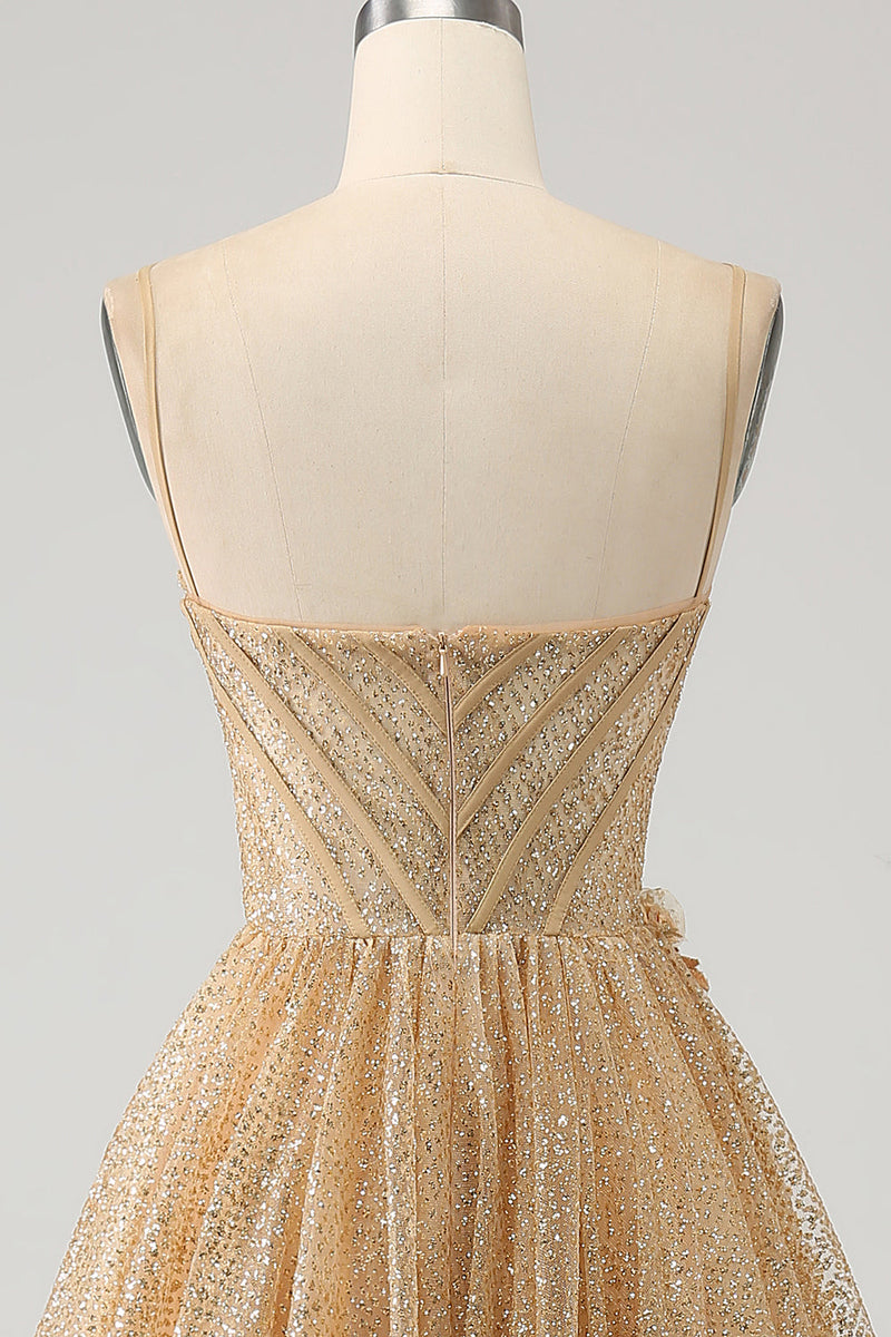 Load image into Gallery viewer, Glitter Golden Corset Long Prom Dress with Flowers