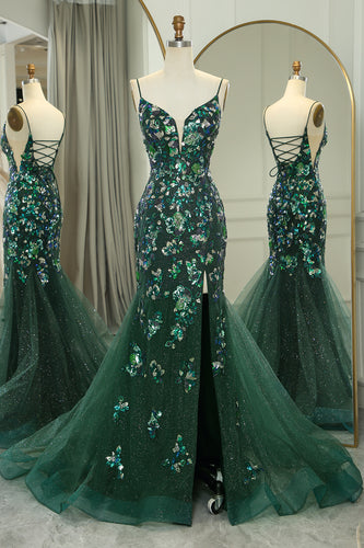 Sparkly Dark Green Mermaid Spaghetti Straps Beaded Prom Dress With Split