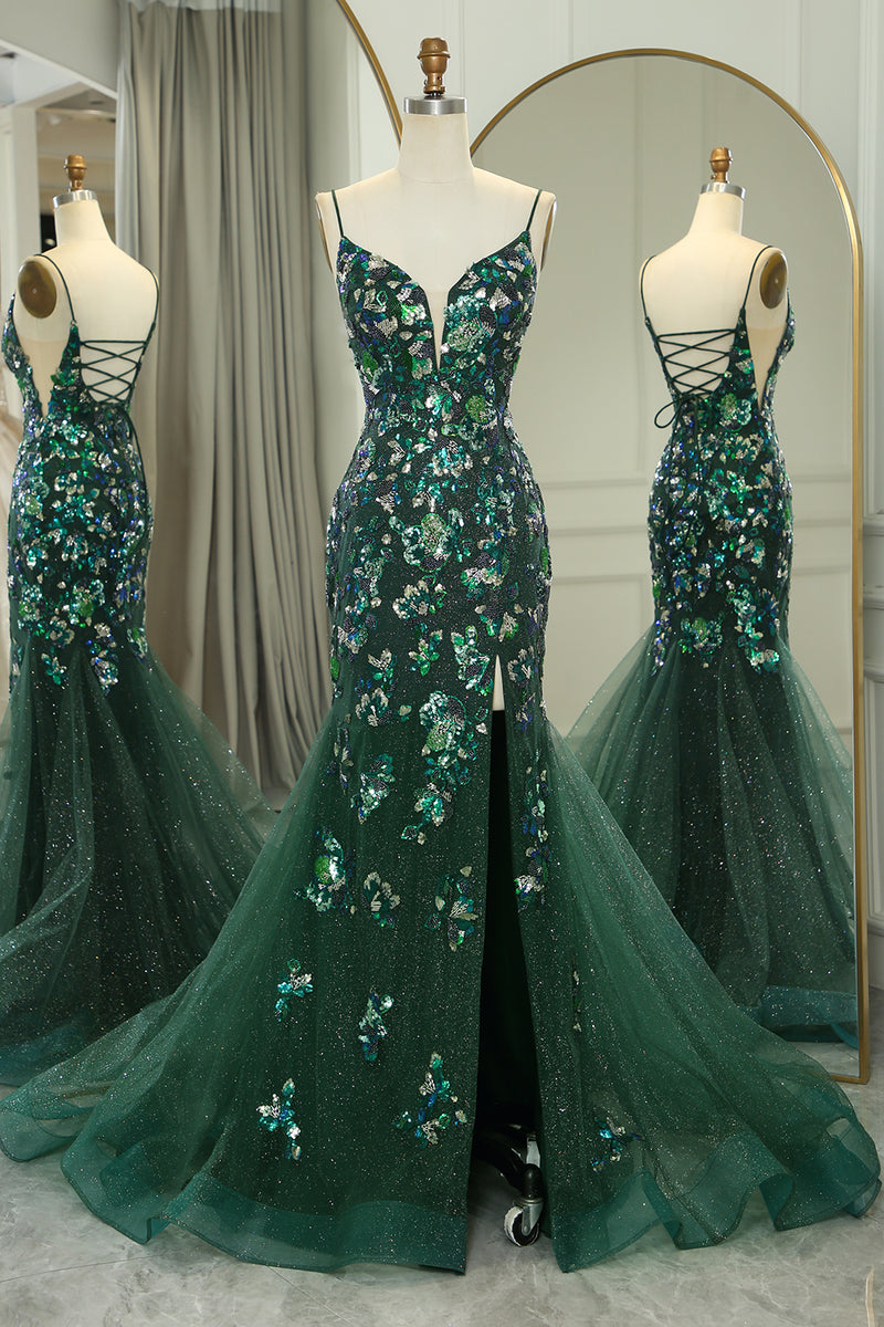 Load image into Gallery viewer, Sparkly Dark Green Mermaid Spaghetti Straps Beaded Prom Dress With Split