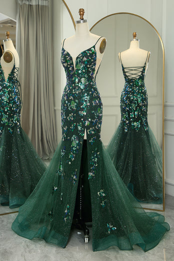 Sparkly Dark Green Mermaid Spaghetti Straps Beaded Prom Dress With Split