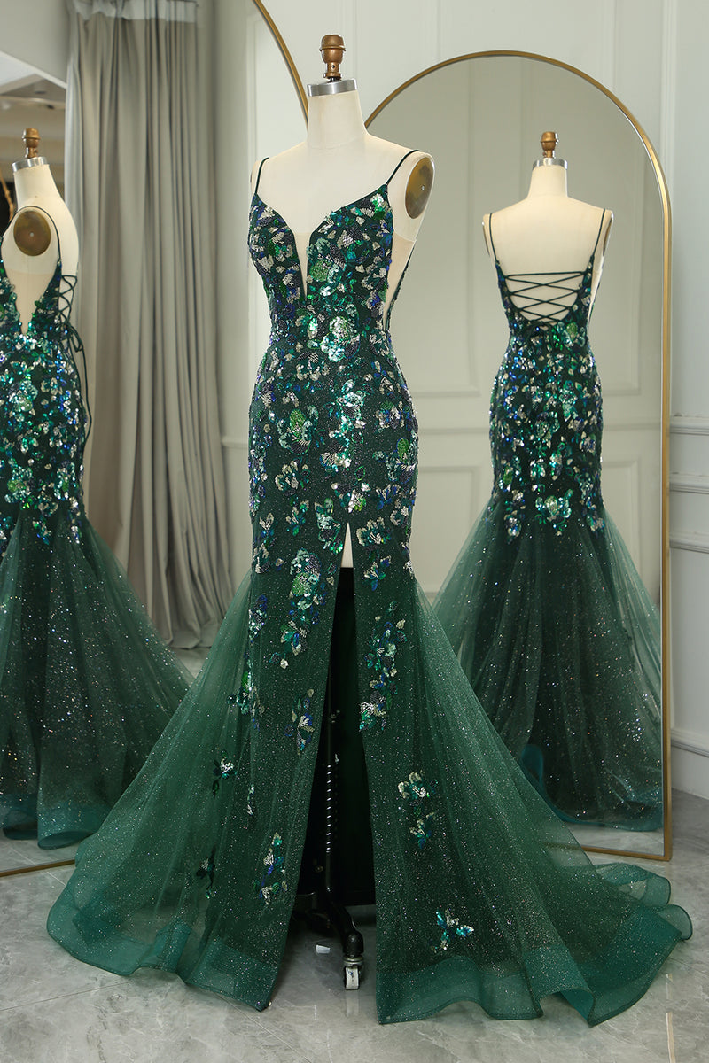 Load image into Gallery viewer, Sparkly Dark Green Mermaid Spaghetti Straps Beaded Prom Dress With Split