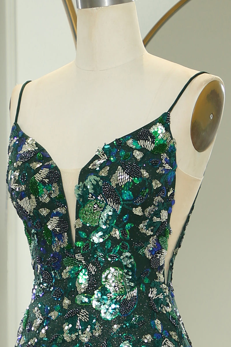 Load image into Gallery viewer, Sparkly Dark Green Mermaid Spaghetti Straps Beaded Prom Dress With Split