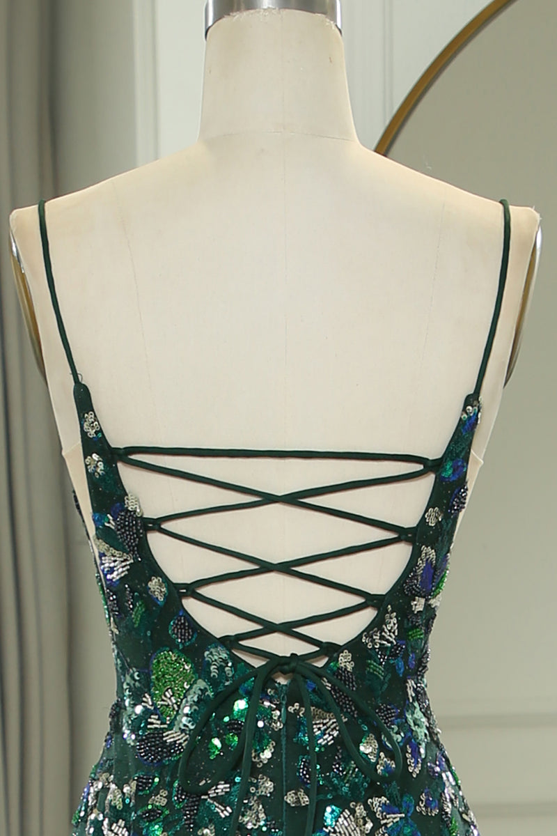 Load image into Gallery viewer, Sparkly Dark Green Mermaid Spaghetti Straps Beaded Prom Dress With Split